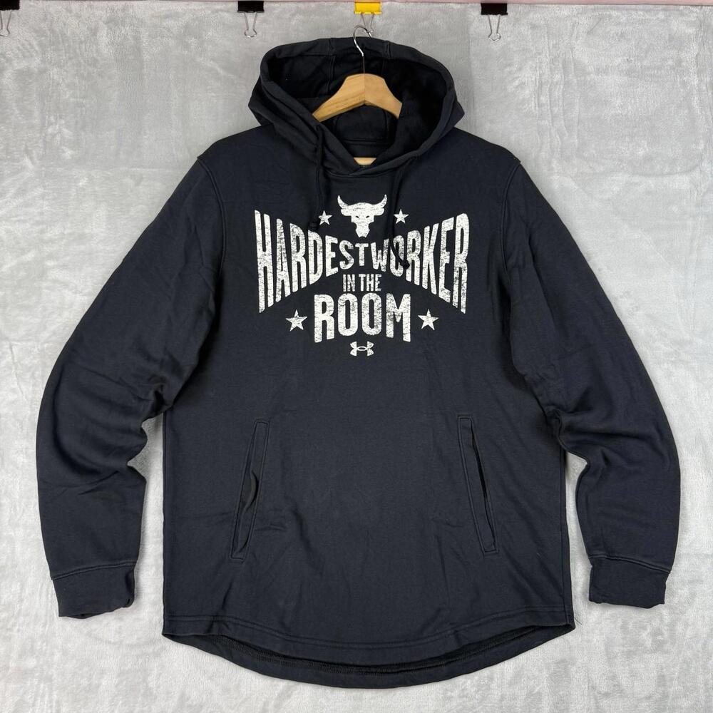 Under Armour Project Rock Hoodie Men M ‘Hardest Worker In The Room’ Light Fleece